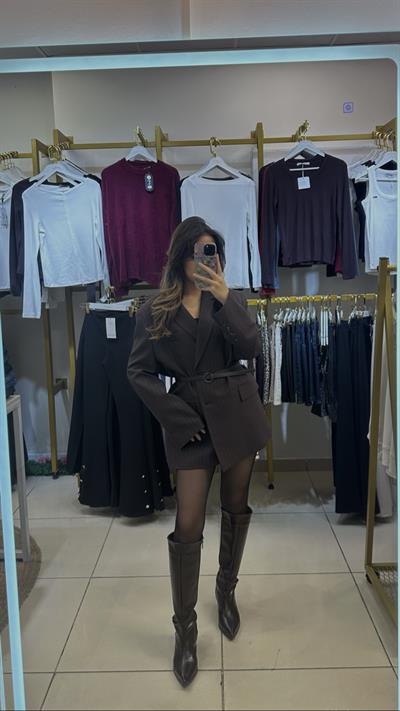 Acıkahve Mavi Çizgili Oversize Ceket