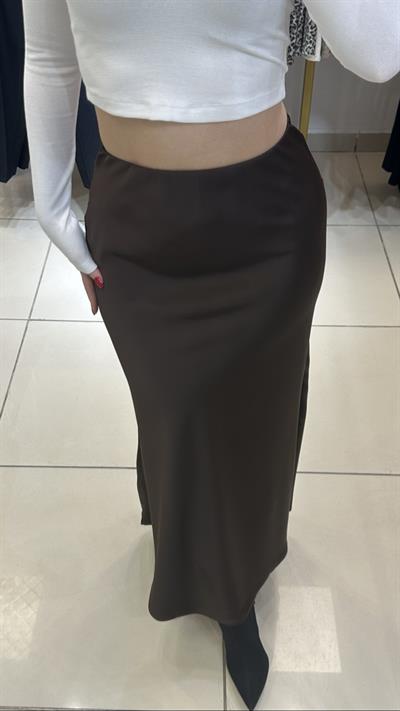Acıkahve Renk Maxi Crep Floş Saten Etek
