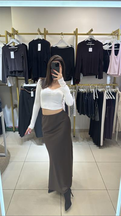 Acıkahve Renk Maxi Crep Floş Saten Etek