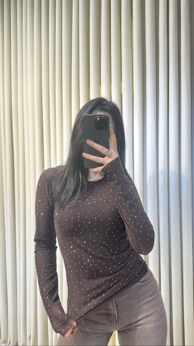 Acıkahve Transparan Taşlı Bluz