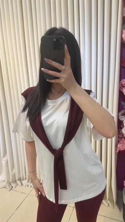 BAĞLAMALI BORDO ŞAL DETAYLI TSHIRT - BEYAZ