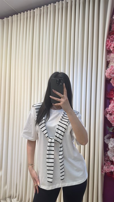 BAĞLAMALI ÇİZGİLİ ŞAL DETAYLI TSHIRT - BEYAZ