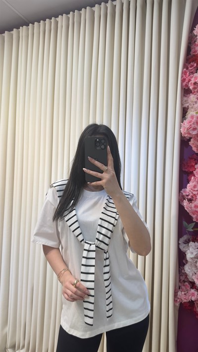 BAĞLAMALI ÇİZGİLİ ŞAL DETAYLI TSHIRT - BEYAZ