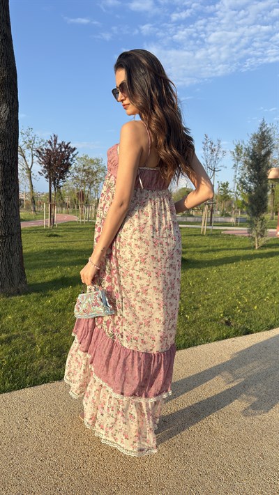 BAHAR ÇİÇEKLİ PINTEREST ELBİSE - PEMBE