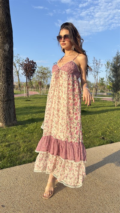 BAHAR ÇİÇEKLİ PINTEREST ELBİSE - PEMBE