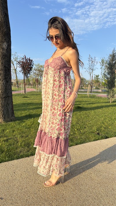 BAHAR ÇİÇEKLİ PINTEREST ELBİSE - PEMBE