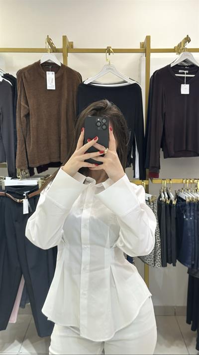 Belden Oturtmalı Beyaz Renk Premium Poplin Gömlek