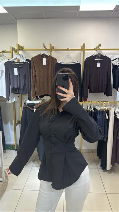 Belden Oturtmalı Siyah Renk Premium Poplin Gömlek