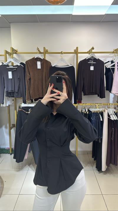 Belden Oturtmalı Siyah Renk Premium Poplin Gömlek