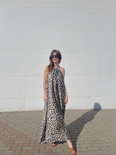 BOYUNDAN BAĞLAMALI LEOPAR ELBİSE