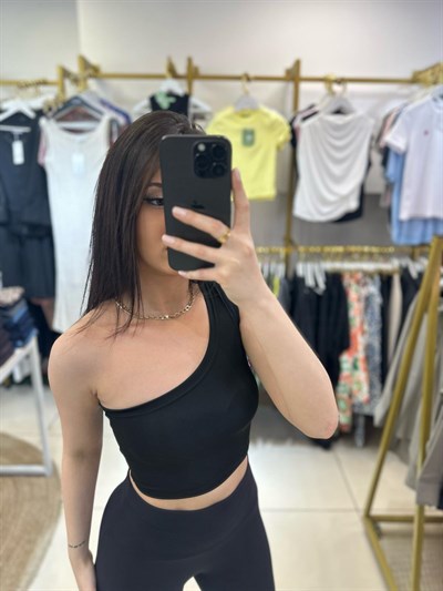 DALGIÇ KUMAŞ TEK OMUZ CROP - SİYAH