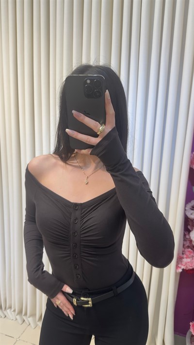 DİLVİN DÜĞME DETAYLI MADONNA BODYSUIT - ACIKAHVE