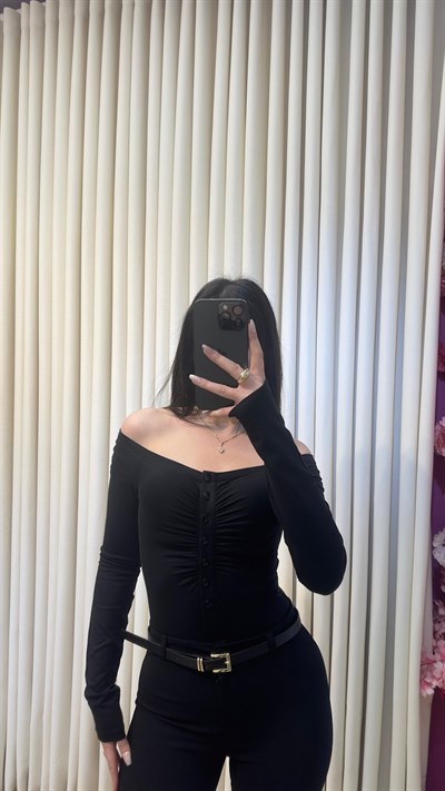 DİLVİN DÜĞME DETAYLI MADONNA BODYSUIT - SİYAH