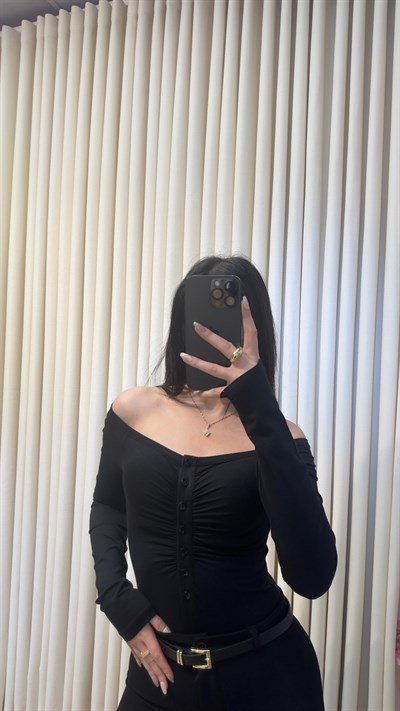 DİLVİN DÜĞME DETAYLI MADONNA BODYSUIT - SİYAH