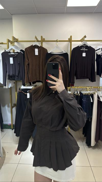 Gold Düğmeli Çok Pileli Acıkahve Premium Poplin Gömlek