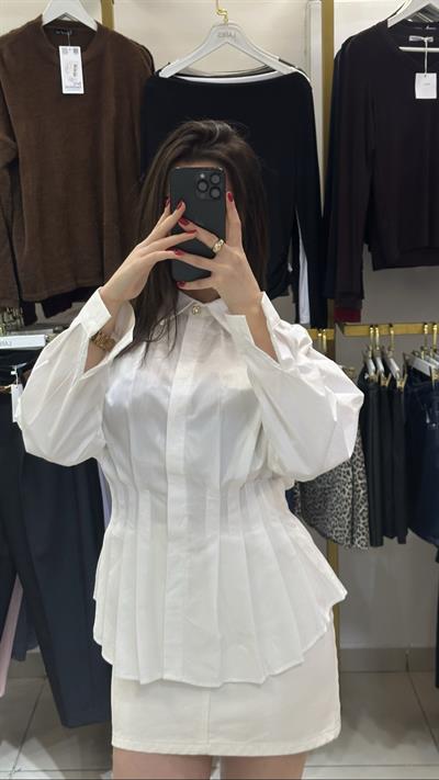 Gold Düğmeli Çok Pileli Beyaz Premium Poplin Gömlek