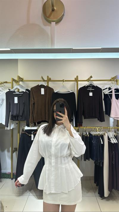 Gold Düğmeli Çok Pileli Beyaz Premium Poplin Gömlek