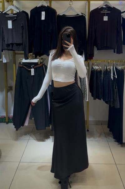 Siyah Renk Maxi Crep Floş Saten Etek