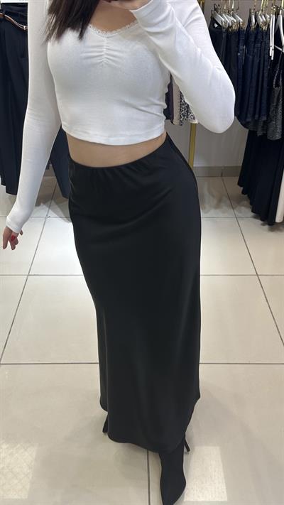 Siyah Renk Maxi Crep Floş Saten Etek