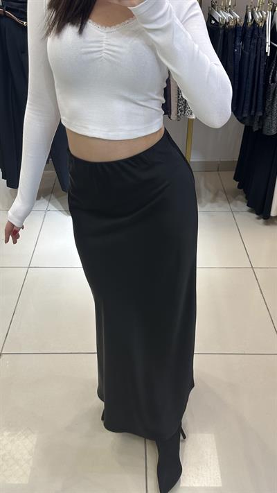 Siyah Renk Maxi Crep Floş Saten Etek