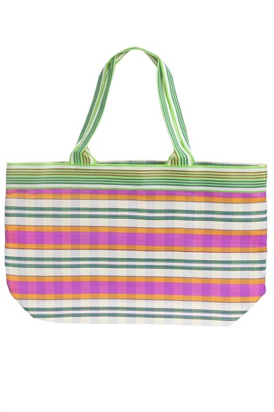 TYRA - Pembe Yatay Çizgili Naylon Kumaş Omuz Çantası - Tote Bag