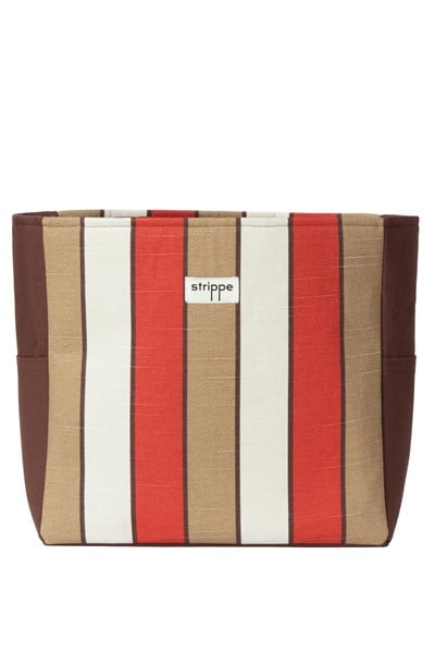 TRACE - Kahverengi Bej Çizgili Pamuklu Kumaş Günlük Omuz Çantası -  Tote Bag