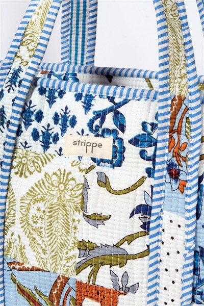 CARRYALL - Patchwork Desenli Mavi Pamuklu Kumaş Fermuarlı Günlük Omuz Çantası  - Tote Bag