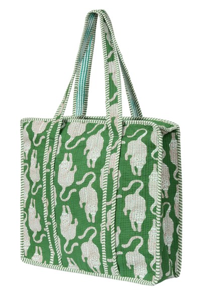 CARRYALL - Kaplan Desenli Yeşil Pamuklu Kumaş Fermuarlı Günlük Omuz Çantası  - Tote Bag