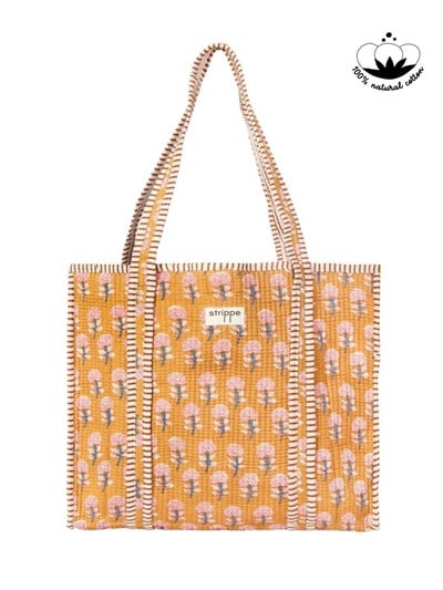 GARDEN- Çiçek Desenli Hardal Pamuklu Kumaş Günlük Omuz Çantası - Tote Bag