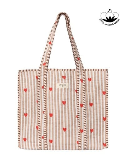 LOVE BOMBING - Kalp Desenli Bej Pamuklu Kumaş Günlük Omuz Çantası  - Tote Bag