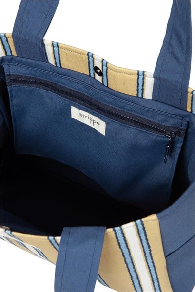 TRACE - Lacivert Hardal Çizgili Pamuklu Kumaş Günlük Omuz Çantası -  Tote Bag