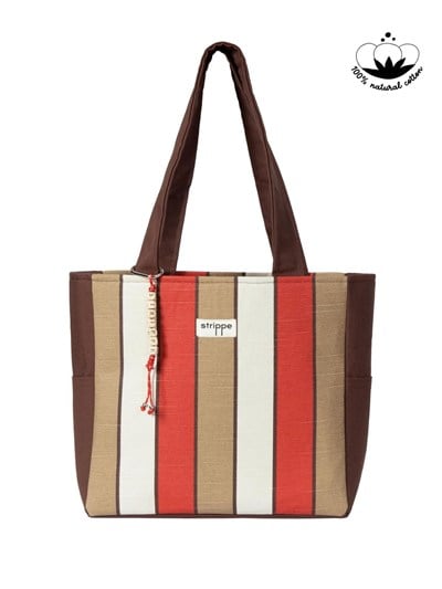 TRACE - Kahverengi Bej Çizgili Pamuklu Kumaş Günlük Omuz Çantası -  Tote Bag