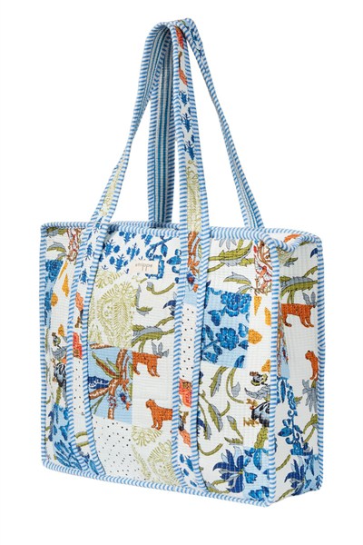 CARRYALL - Patchwork Desenli Mavi Pamuklu Kumaş Fermuarlı Günlük Omuz Çantası  - Tote Bag