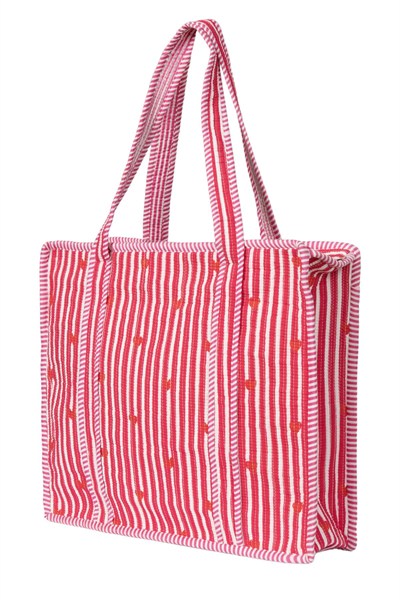 CARRYALL - Kalp Desenli Pembe Pamuklu Kumaş Fermuarlı Günlük Omuz Çantası  - Tote Bag