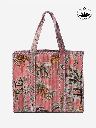 PALMWHITE - Palmiye Desenli Pembe Pamuklu Kumaş Günlük Omuz Çantası - Tote Bag