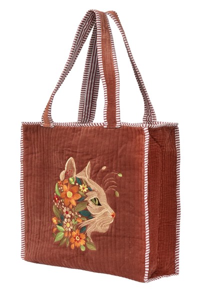 VELVET CAT - Kedi Nakışlı Kadife Kumaş Fermuarlı Günlük Omuz Çantası - Tote Bag