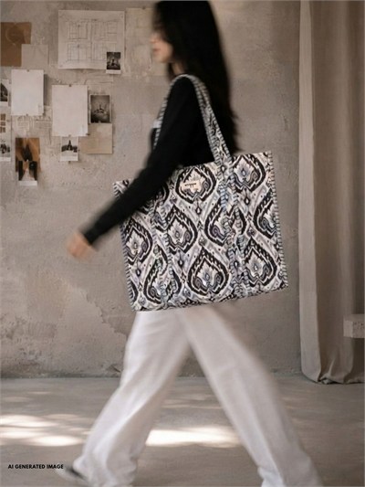AZTEK - Aztek Desenli Siyah Pamuklu Kumaş Günlük Omuz Çantası  - Tote Bag