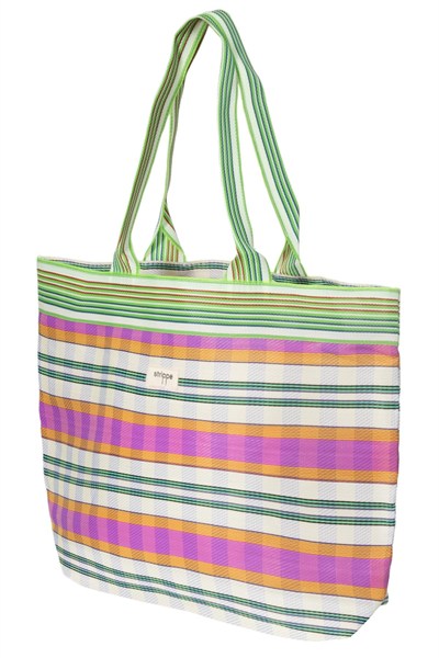 TYRA - Pembe Yatay Çizgili Naylon Kumaş Omuz Çantası - Tote Bag