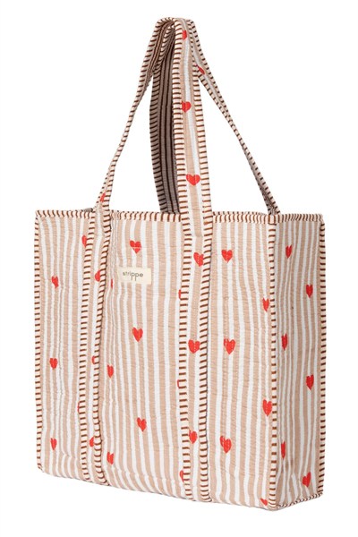 LOVE BOMBING - Kalp Desenli Bej Pamuklu Kumaş Günlük Omuz Çantası  - Tote Bag