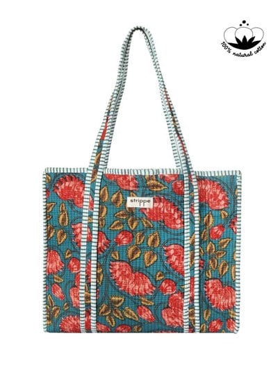 LAGOON- Çiçek Desenli Yeşil Pamuklu Kumaş Günlük Omuz Çantası - Tote Bag