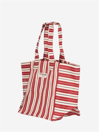 NOVA - Bordo Krem Çizgili Büyük Boy Naylon Çanta - Tote Bag