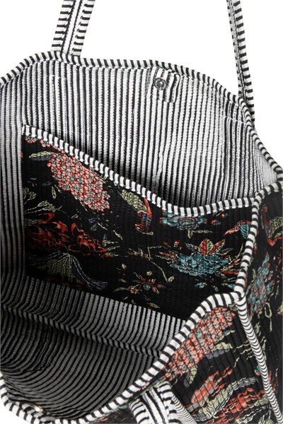 PEACOCK - Tavuskuşu Desenli Siyah Pamuklu Kumaş Günlük Omuz Çantası - Tote Bag