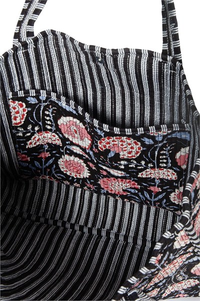 MARIGOLD - Floral Desenli Siyah Pamuklu Kumaş Günlük Omuz Çantası - Tote Bag