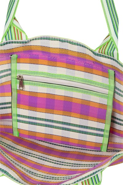 TYRA - Pembe Yatay Çizgili Naylon Kumaş Omuz Çantası - Tote Bag