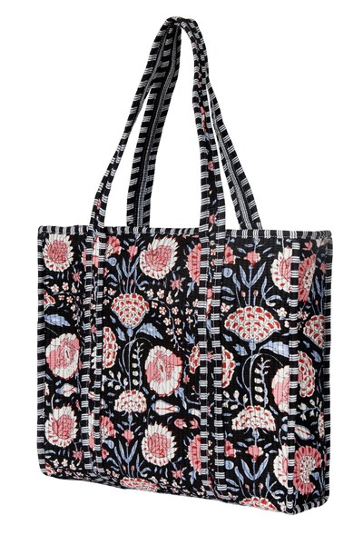 MARIGOLD - Floral Desenli Siyah Pamuklu Kumaş Günlük Omuz Çantası - Tote Bag