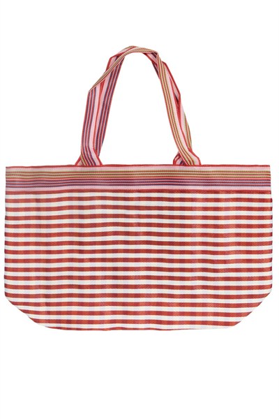 TYRA - Kırmızı Yatay Çizgili Naylon Kumaş Omuz Çantası - Tote Bag