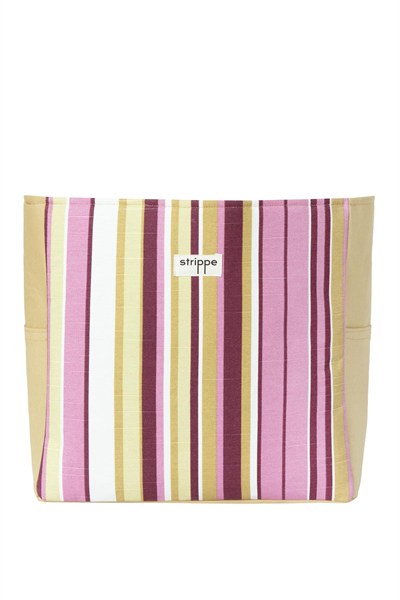 TRACE - Hardal Pembe Çizgili Pamuklu Kumaş Günlük Omuz Çantası -  Tote Bag