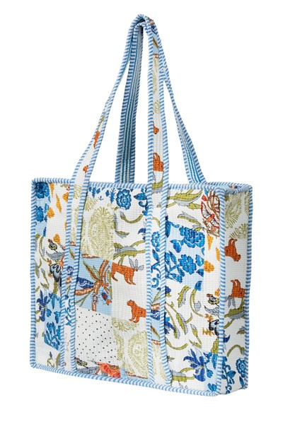 CARRYALL - Patchwork Desenli Mavi Pamuklu Kumaş Fermuarlı Günlük Omuz Çantası  - Tote Bag