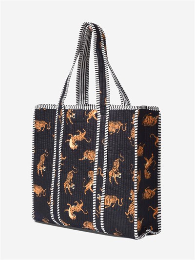 URBAN - Kaplan Desenli Siyah Pamuklu Kumaş Günlük Omuz Çantası - Tote Bag