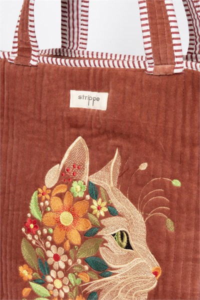 VELVET CAT - Kedi Nakışlı Kadife Kumaş Fermuarlı Günlük Omuz Çantası - Tote Bag